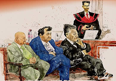 Oliver Schopf, editorial cartoons, court room art: The Bawag Trial in Vienna