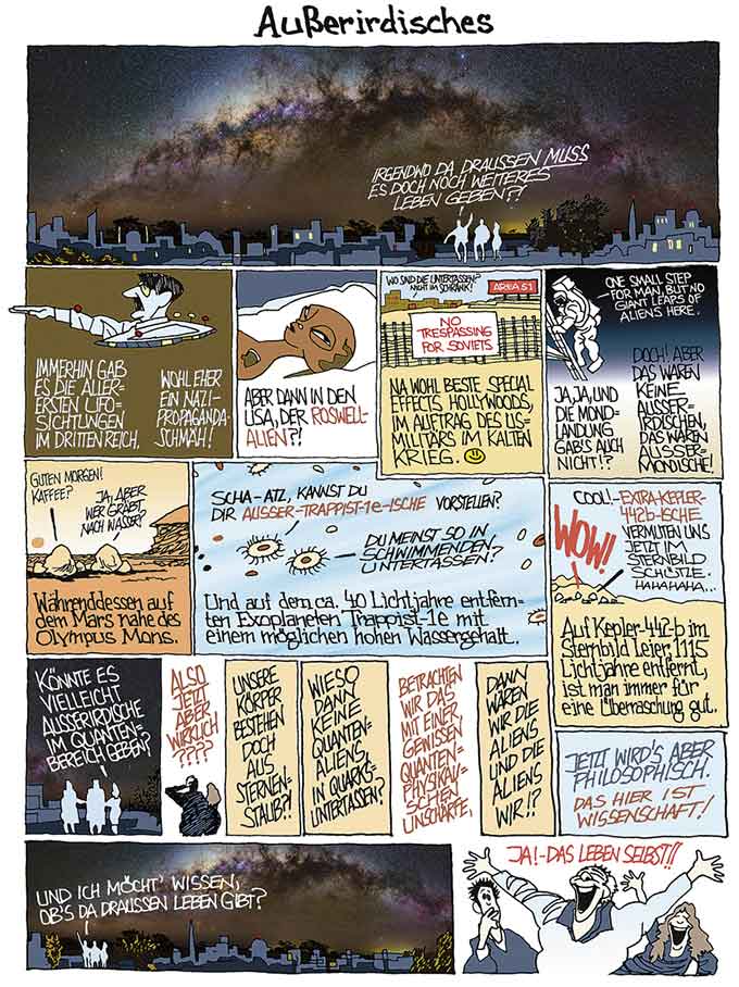 Oliver Schopf, politischer Karikaturist aus Österreich, politische Karikaturen aus Österreich, Karikatur Illustrationen Comic Bildergeschichte 2017 : WISSENSCHAFT FORSCHUNG AUSSERIRDISCHE  LEBEN ALL UNIVERSUM ALIENS ROSWELL MONDLANDUNG AREA 51 MARS TRAPPIST-1e KEPLER-442b QUANTENPHYSIK UNSCHÄRFERELATION STERNENSTAUB 




