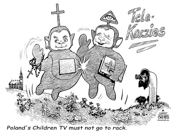 
Oliver Schopf, editorial cartoons from Austria, cartoonist from Austria, Austrian illustrations, illustrator from Austria, editorial cartoon
Europe EU eu European union poland teletubbies government in poland against homosexuality kaszinsky brothers as tinkiwinki tippsy with holy bible and cross in their hands telekaczinzies Poland's children tv must not go to rack


