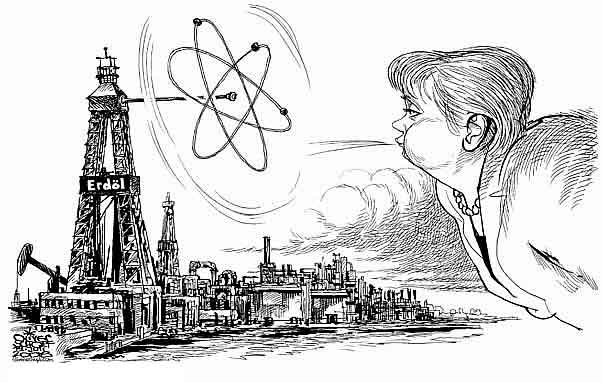  
Oliver Schopf, editorial cartoons from Austria, cartoonist from Austria, Austrian illustrations, illustrator from Austria, editorial cartoon
Europe EU eu germany 2009 chamcellor merkel angela atomic power wind mill oil merkel blowing the windmill on a oil tower a solution for changing energy politics alternate energy

