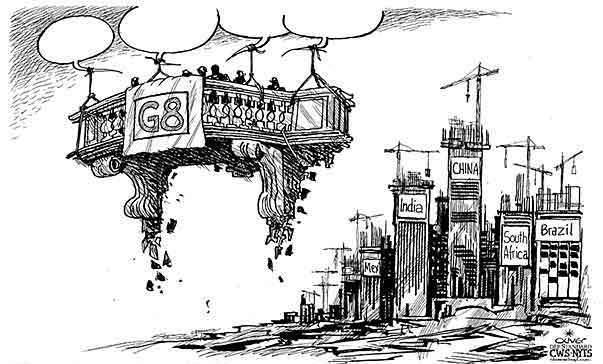Oliver Schopf, editorial cartoons from Austria, cartoonist from Austria, Austrian illustrations, illustrator from Austria, editorial cartoon g 8 2009: running out model - g-8 china, india, brazil, south africa, balcony, g8 balcony flighing balloons, growing up

