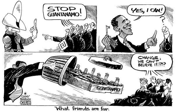 Oliver Schopf, editorial cartoons from Austria, cartoonist from Austria, Austrian illustrations, illustrator from Austria, editorial cartoon International 2009: what friends are for usa, president of the united states Barack guantanamo Obama, European union, guantánamo, jail, prisioners



