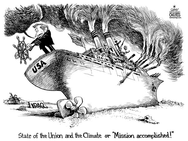 Oliver Schopf editorial cartoons, cartoonist, cartoon, USA president George W. Bush 2007: 
state of the union and the climate address, iraq, ship, climate mission accomplished



