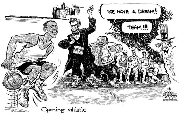 Oliver Schopf, editorial cartoons from Austria, cartoonist from Austria, Austrian illustrations, illustrator from Austria, editorial cartoon president of the united states of amerika usa barack obama 2009: usa, Obama, Lincoln, martin luther king, basketball, whistle, I have a dream we have a dream team opening whistle

