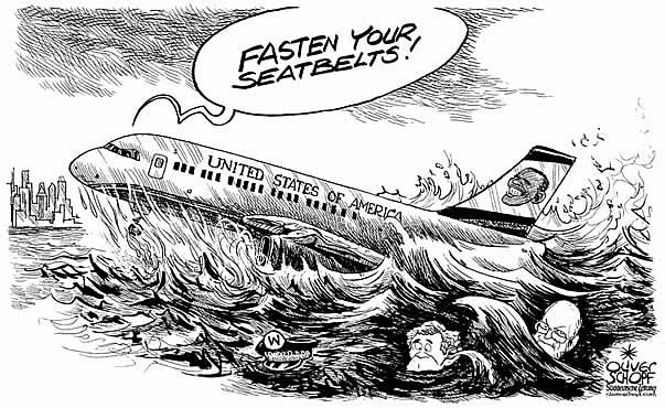 Oliver Schopf, editorial cartoons from Austria, cartoonist from Austria, Austrian illustrations, illustrator from Austria, editorial cartoon president of the united states of amerika usa barack obama 2009: george w. bush, cheney, airplane, Hudson river, departure, seatbelts


