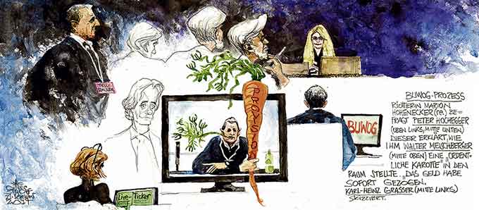   Oliver Schopf, politischer Karikaturist aus Österreich, politische Karikaturen aus Österreich, Karikatur Illustrationen Gerichtszeichnungen Gerichtzeichnungen Prozesszeichnung Gerichtsaalzeichnungen 2017 BUWOG PROZESS PETER HOCHEGGER AUSSAGE TEILSCHULDIG PROVISIONEN GELDFLUSS ORDENTLICHE KAROTTE WALTER MEISCHBERGER MARION HOHENECKER RENATE GRABER LIVE TICKER DER STANDARD 
