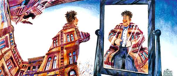 Oliver Schopf, editorial cartoons from Austria, cartoonist from Austria, Austrian illustrations, illustrator from Austria, editorial cartoon artwork water colour: architecture, windows, front, coat, mirror, fitting 