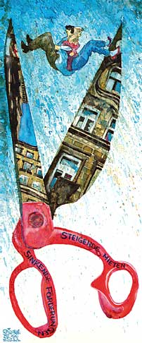 Oliver Schopf, politischer Karikaturist aus Österreich, politische Karikaturen aus Österreich, Karikatur Illustrationen Malerei 2011:
Miete mieten wohnung immobilien markt schere foerderungen 




