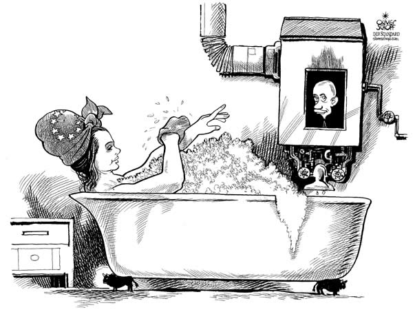  Oliver Schopf, politischer Karikaturist aus Österreich, politische Karikaturen, Illustrationen Archiv politische Karikatur Europa Russland
EU 2007: energie, putin, durchlauferhitzer, bad, gastherme


