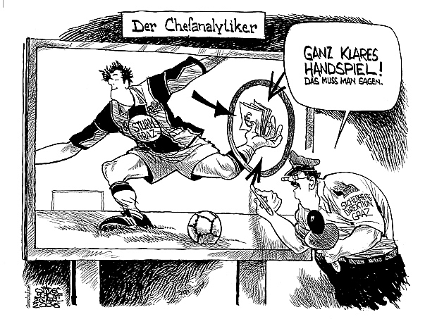  Oliver Schopf, politischer Karikaturist aus Österreich, politische Karikaturen, Illustrationen Archiv politische Karikatur Österreich Sport

2006: fußball, sturm graz, wetten, chefanlytiker, sicherheitsdirektion graz, handspiel
