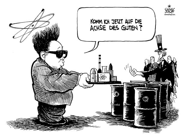  Oliver Schopf, politischer Karikaturist aus Österreich, politische Karikaturen, Illustrationen Archiv politische Karikatur Welt Nord Korea USA Korea 2007, kim jong il, nordkorea, atomreaktor, sechsparteiengespräche, achse des guten





