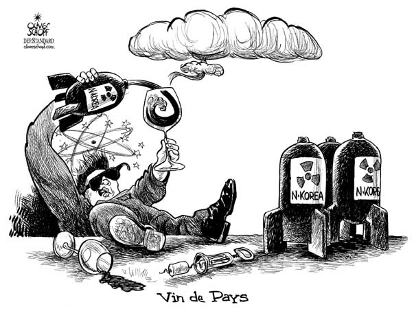  Oliver Schopf, politischer Karikaturist aus Österreich, politische Karikaturen, Illustrationen Archiv politische Karikatur Welt Nord Korea USA Korea 2007, kim jong il, nord-korea, atombombe, kim jong il, wein, vin de pays, betrunken


