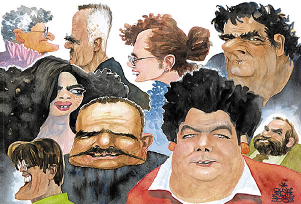 Oliver Schopf, editorial cartoons from Austria, cartoonist from Austria, Austrian illustrations, illustrator from Austria, editorial cartoon portrait characters: austrian characters natives peoples austrian natives, portrait, water colour, faces, characters, caricature
