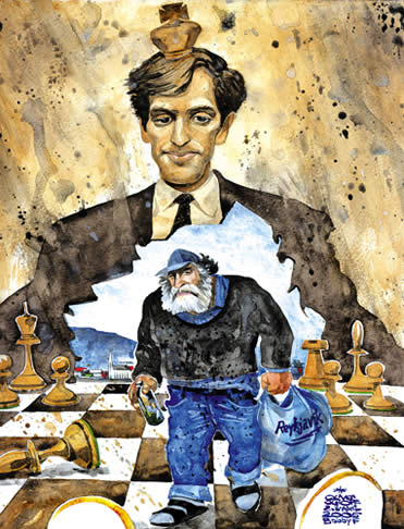 Oliver Schopf, editorial cartoons from Austria, cartoonist from Austria, Austrian illustrations, illustrator from Austria, editorial cartoon chess 	
Bobby Fischer returns to that place where he had celebrated his greatest victory – as a new citizen of Iceland.
 