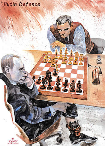 Oliver Schopf, editorial cartoons from Austria, cartoonist from Austria, Austrian illustrations, illustrator from Austria, editorial cartoon chess Garri Kasparov Putin Defence 