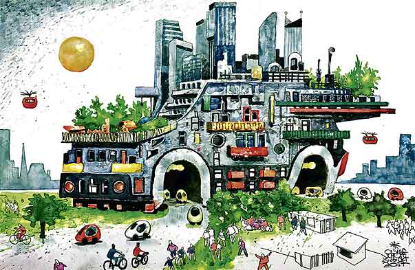 Oliver Schopf, editorial cartoons from Austria, cartoonist from Austria, Austrian illustrations, illustrator from Austria, editorial cartoon painting artwork painting 2017 CAR SHARING AUTOMOBILE  LIVING HOUSING COMPLEX ARCHITECTURE URBANITY CITY AUTO BODY DRONE    