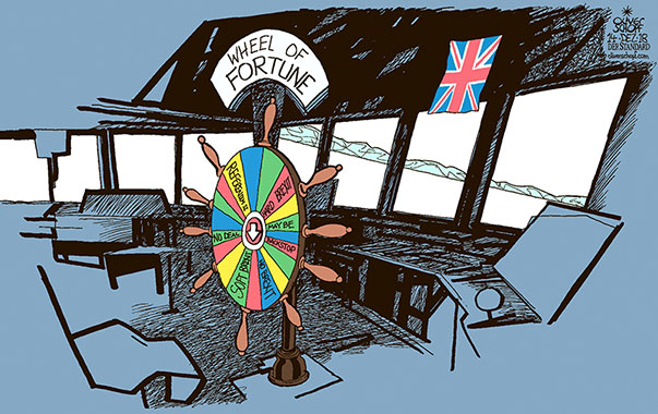 Oliver Schopf, editorial cartoons from Austria, cartoonist from Austria, Austrian illustrations, illustrator from Austria, editorial cartoon politics politician Europe, Cartoon Arts International, New York Times Syndicate, Cagle cartoon 2018 BREXIT GREAT BRITAIN EU LEAVE HARD BREXIT SOFT BREXIT THERESA MAY SHIP VESSEL BRIDGE WHEEL OF FORTUNE
