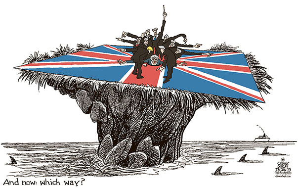 Oliver Schopf, editorial cartoons from Austria, cartoonist from Austria, Austrian illustrations, illustrator from Austria, editorial cartoon politics politician Europe, Cartoon Arts International, New York Times Syndicate, Cagle cartoon 2019 GREAT BRITAIN BREXIT VOTE ISLAND BRITISH ISLES DIRECTION WHICH WAY CLIFF UNION JACK FLAG

