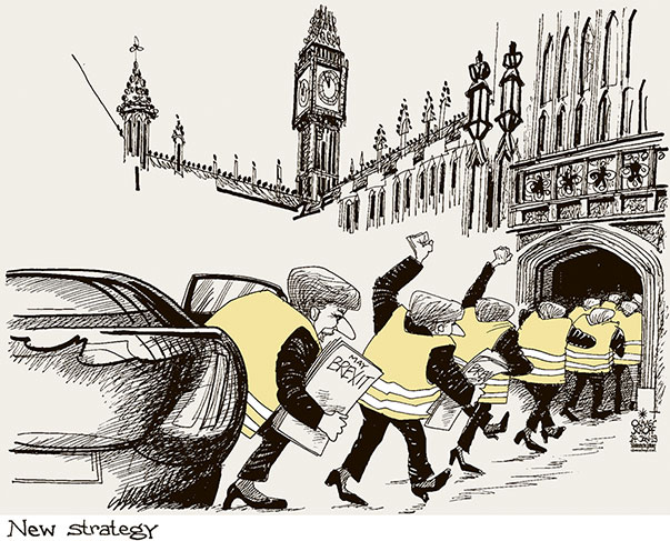 Oliver Schopf, editorial cartoons from Austria, cartoonist from Austria, Austrian illustrations, illustrator from Austria, editorial cartoon politics politician Europe, Cartoon Arts International, New York Times Syndicate, Cagle cartoon 2019 GREAT BRITAIN BREXIT THERESA MAY HOUSES OF PARLIAMENT WESTMINSTER YELLOW VESTS PROTEST NEW STRATEGY
