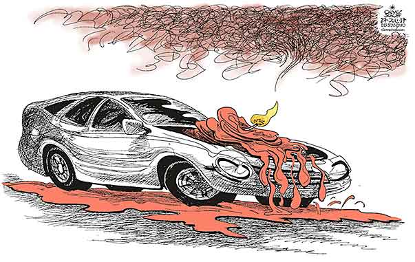 Oliver Schopf, editorial cartoons from Austria, cartoonist from Austria, Austrian illustrations, illustrator from Austria, editorial cartoon politics politician Europe, Cartoon Arts International, New York Times Syndicate, Cagle cartoon 2017 : CAR AUTO COMBUSTION ENGINE EXHAUST GAS CANDLE BURNING EMISSIONS 



