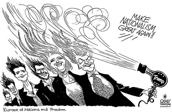 Oliver Schopf, editorial cartoons from Austria, cartoonist from Austria, Austrian illustrations, illustrator from Austria, editorial cartoon politics politician Europe, Cartoon Arts International, New York Times Syndicate, Cagle cartoon 2016 : EUROPE ENF NATIONS FREEDOM MEETING KOBLENZ WILDERS LE PEN SALVINI PETRY PRETZELL TRUMP HAIR DRYER NATIONALISM  

