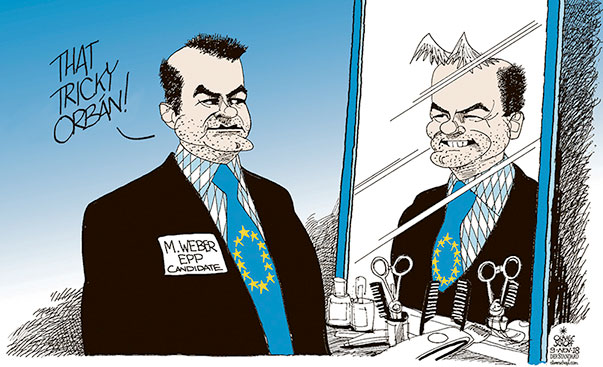 Oliver Schopf, editorial cartoons from Austria, cartoonist from Austria, Austrian illustrations, illustrator from Austria, editorial cartoon politics politician Europe, Cartoon Arts International, New York Times Syndicate, Cagle cartoon 2018 EU ELECTIONS 2019 EUROPEAN PEOPLE’S PARTY EPP MANFRED WEBER CANDIDATE COMMISSION HAIR HAIRSTYLE HAIRCUT VIKTOR ORBAN MIRROR  
