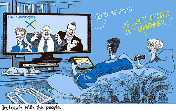 Oliver Schopf, editorial cartoons from Austria, cartoonist from Austria, Austrian illustrations, illustrator from Austria, editorial cartoon politics politician Europe, Cartoon Arts International, New York Times Syndicate, Cagle cartoon 2019 EUROPE EU ELECTIONS CANDIDATES WEBER TIMMERMANS VESTAGER TV QUESTION ANSWER VIEWERS AUDIENCE PEOPLE 
