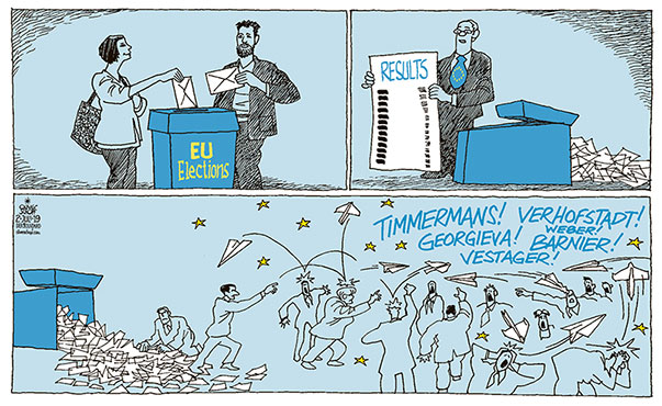 Oliver Schopf, editorial cartoons from Austria, cartoonist from Austria, Austrian illustrations, illustrator from Austria, editorial cartoon politics politician Europe, Cartoon Arts International, New York Times Syndicate, Cagle cartoon 2019 EU SUMMIT BRUSSELS COUNCIL PRESIDENT COMMISSION DEMOCRACY VOTERS BALLOT BOX PAPER AIRPLANES 
