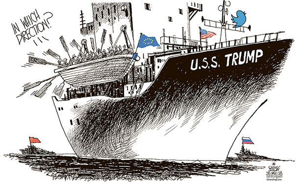 Oliver Schopf, editorial cartoons from Austria, cartoonist from Austria, Austrian illustrations, illustrator from Austria, editorial cartoon politics politician Europe, Cartoon Arts International, New York Times Syndicate, Cagle cartoon 2018 : EU  USA TRUMP WARSHIP VESSEL USS RELATIONS NAVY LIFEBOAT TWITTER CHINA RUSSIA DIRECTIONS EXIT 
