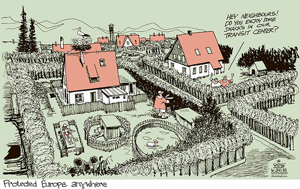 Oliver Schopf, editorial cartoons from Austria, cartoonist from Austria, Austrian illustrations, illustrator from Austria, editorial cartoon politics politician Europe, Cartoon Arts International, New York Times Syndicate, Cagle cartoon 2018 : MIGRATION REFUGEES ASYLUM BORDER CONTROL PROTECTION TRANSIT CENTER BARBED WIRE SEPARATION HOUSE GARDEN HOME NEIGHBOUR 
