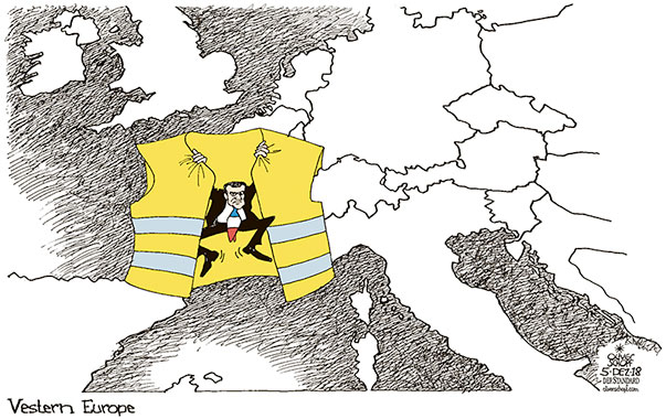 Oliver Schopf, editorial cartoons from Austria, cartoonist from Austria, Austrian illustrations, illustrator from Austria, editorial cartoon politics politician Europe, Cartoon Arts International, New York Times Syndicate, Cagle cartoon 2018 FRANCE YELLOW VEST MOVEMENT PROTESTS  RIOTS MACRON WESTERN EUROPE MAP   

