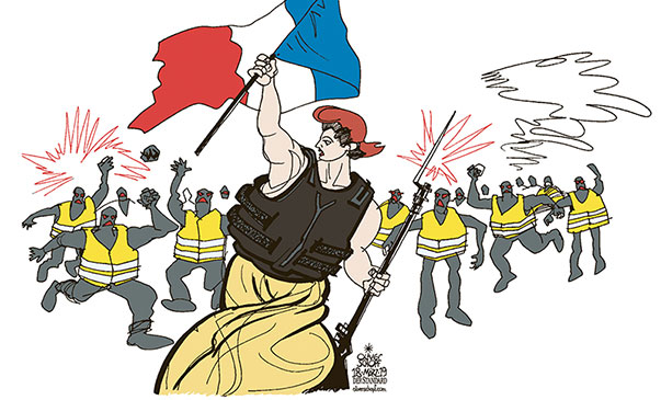 Oliver Schopf, editorial cartoons from Austria, cartoonist from Austria, Austrian illustrations, illustrator from Austria, editorial cartoon politics politician Europe, Cartoon Arts International, New York Times Syndicate, Cagle cartoon 2019 FRANCE YELLOW VESTS PROTEST RIOT REPUBLIC FREEDOM PICTURE DELACROIX WAISTCOAT
