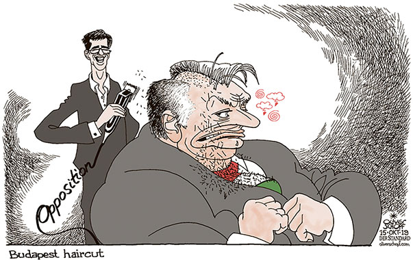 Oliver Schopf, editorial cartoons from Austria, cartoonist from Austria, Austrian illustrations, illustrator from Austria, editorial cartoon politics politician Europe, Cartoon Arts International, New York Times Syndicate, Cagle cartoon 2019 : HUNGARY ELECTIONS BUDAPEST MAYOR GERGELY KARACSONY OPPOSITION HAIRCUT HAIRCUTTER  
