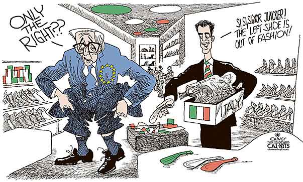 Oliver Schopf, editorial cartoons from Austria, cartoonist from Austria, Austrian illustrations, illustrator from Austria, editorial cartoon politics politician Europe, Cartoon Arts International, New York Times Syndicate, Cagle cartoon 2018 : ITALY ELECTIONS RIGHT WING LEGA NORD JUNCKER SHOE SHOP MODEL 
