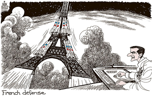 Oliver Schopf, editorial cartoons from Austria, cartoonist from Austria, Austrian illustrations, illustrator from Austria, editorial cartoon politics politician Europe, Cartoon Arts International, New York Times Syndicate, Cagle cartoon 2019 FRANCE MACRON DEFENSE SPACE UNIVERSE TOUR EIFFEL TOWER ROCKET IGNITION LIFT OFF

