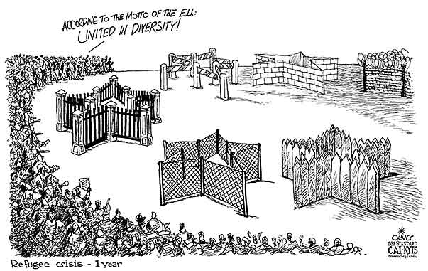 Oliver Schopf, editorial cartoons from Austria, cartoonist from Austria, Austrian illustrations, illustrator from Austria, editorial cartoon politics politician Europe, Cartoon Arts International, New York Times Syndicate, Cagle cartoon 2016 : EU EUROPE REFUGEES MIGRATION BORDER WALL FENCE MOTTO UNITED IN DIVERSITY 
 

