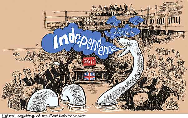 Oliver Schopf, editorial cartoons from Austria, cartoonist from Austria, Austrian illustrations, illustrator from Austria, editorial cartoon politics politician Europe, Cartoon Arts International, New York Times Syndicate, Cagle cartoon 2017 : GREAT BRITAIN BREXIT HOUSES OF PARLIAMENT CHAMBER HOUSE OF COMMONS SESSION SCOTLAND INDEPENDENCE MONSTER LOCH NESS    
