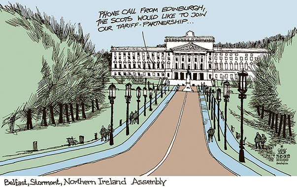 Oliver Schopf, editorial cartoons from Austria, cartoonist from Austria, Austrian illustrations, illustrator from Austria, editorial cartoon politics politician Europe, Cartoon Arts International, New York Times Syndicate, Cagle cartoon 2019 : BREXIT GREAT BRITAIN EU BOJO BREXIT DEAL NORTHERN IRELAND NEW BREXIT DEAL AGREEMANT TARIFF PARTNERSHIP STORMONT BELFAST ASSEMBLY SCOTLAND LEAVE UK 
