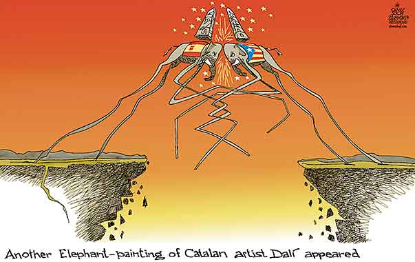 Oliver Schopf, editorial cartoons from Austria, cartoonist from Austria, Austrian illustrations, illustrator from Austria, editorial cartoon politics politician Europe, Cartoon Arts International, New York Times Syndicate, Cagle cartoon 2017 : SPAIN CATALONIA INDEPENDENCE DETACHMENT SEPERATION CONFLICT PAINTING SALVADOR DALÍ ELEPHANTS  
