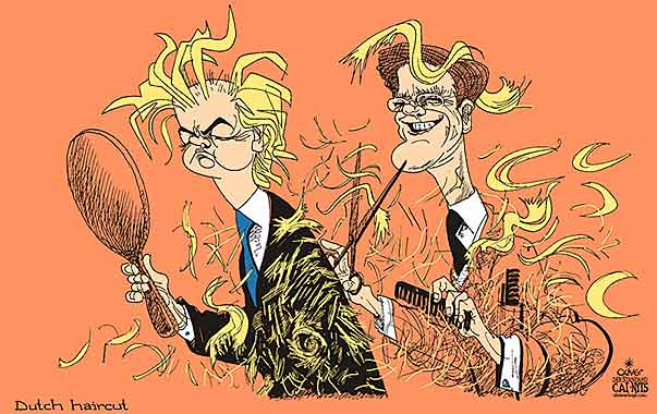 Oliver Schopf, editorial cartoons from Austria, cartoonist from Austria, Austrian illustrations, illustrator from Austria, editorial cartoon politics politician Europe, Cartoon Arts International, New York Times Syndicate, Cagle cartoon 2017 : THE NETHERLANDS ELECTIONS GEERT WILDERS MARK RUTTE HAIRCUT HAIRCUTTER HAIR STYLING    
