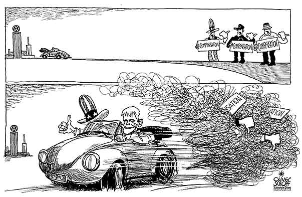 Oliver Schopf, editorial cartoons from Austria, cartoonist from Austria, Austrian illustrations, illustrator from Austria, editorial cartoon politics politician Germany, Cartoon Arts International, New York Times Syndicate, Cagle cartoon 2016: VOLKSWAGEN VW MATTHIAS MÜLLER COMPENSATION PAYMENT SETTLEMENT DRIVER USA EUROPE GERMANY BEETLE THGIMB UP LIKE DISLIKE EMISSIONS SCANDAL

 