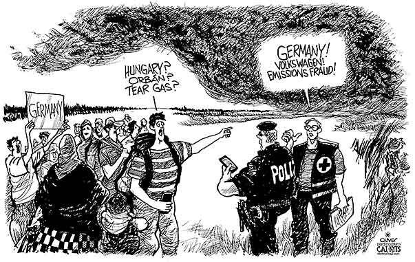 Oliver Schopf, editorial cartoons from Austria, cartoonist from Austria, Austrian illustrations, illustrator from Austria, editorial cartoon politics politician Germany, Cartoon Arts International, New York Times Syndicate, Cagle cartoon 2015: VOLKSWAGEN CARS EMISSIONS FRAUD CHEATING REFUGEES IMMIGRANTS HUNGARY ORBÁN TEAR GAS CLOUDS

 


 