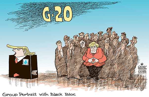 Oliver Schopf, editorial cartoons from Austria, cartoonist from Austria, Austrian illustrations, illustrator from Austria, editorial cartoon G7 G8 G20 2017 G7 G 20 G20 SUMMIT HAMBURG GERMANY TRUMP MERKEL GROUP PORTRAIT BLACK BLOC RIOTS VIOLENCE    



