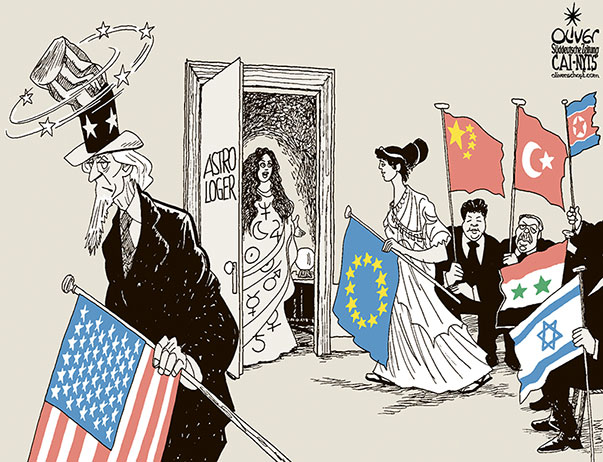 Oliver Schopf, editorial cartoons from Austria, cartoonist from Austria, Austrian illustrations, illustrator from Austria, editorial cartoon politics politician International, Cartoon Arts International, New York Times Syndicate, 2018 : USA UNCLE SAM EUROPEAN UNION CHINA TURKEY SYRIA ISRAEL NORTH KOREA ASTROLOGER HOROSCOPE STARS FLAGS NEW YEAR’S EVE  
