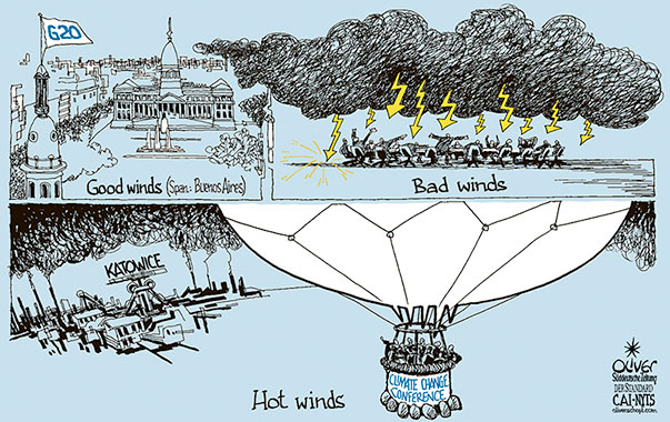 Oliver Schopf, editorial cartoons from Austria, cartoonist from Austria, Austrian illustrations, illustrator from Austria, editorial cartoon politics politician International, Cartoon Arts International, New York Times Syndicate, 2018 : G20 SUMMIT BUENOS AIRES GOOD WINDS LIGHTNING BAD WINDS KATOWICE COP24 UN CLIMATE CHANGE CONFERENCE 
