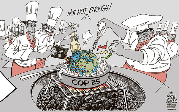 Oliver Schopf, editorial cartoons from Austria, cartoonist from Austria, Austrian illustrations, illustrator from Austria, editorial cartoon politics politician International, SÜDDEUTSCHE ZEITUNG, Cartoon Arts International, 2019: CLIMATE CONFERENCE MADRID COP 25 CONCLUSION FINAL REPORT GLOBAL WARMING TARGET GOALS SPICE PEPPER CHILI HOT COOK COOKING COAL FIRE EARTH PLANET      
