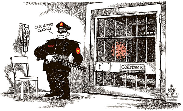 Oliver Schopf, editorial cartoons from Austria, cartoonist from Austria, Austrian illustrations, illustrator from Austria, editorial cartoon politics politician International, Politico, Cartoon Arts International, 2020 : CHINA CORONAVIRUS SECURITY POLICE STAATE POWER JAIL PRISON CELL GUARD  
