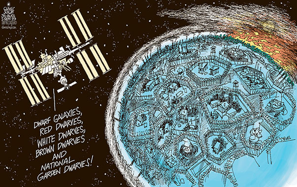 Oliver Schopf, editorial cartoons from Austria, cartoonist from Austria, Austrian illustrations, illustrator from Austria, editorial cartoon politics politician International, Cartoon Arts International, New York Times Syndicate, 2019 : EARTH PLANET CLIMATE CHANGE RAIN FOREST FIRE ALLOTMENT GARDEN GNOME DWARF GALAXIES SPACE STATION ISS ASTRONOMY   
