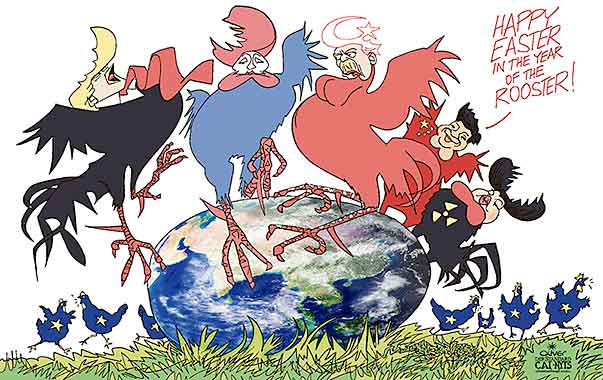 Oliver Schopf, editorial cartoons from Austria, cartoonist from Austria, Austrian illustrations, illustrator from Austria, editorial cartoon politics politician International, Cartoon Arts International, New York Times Syndicate, 2017: EASTER EGG PLANET EARTH CHINESE YEAR OF THE ROOSTER COURTSHIP TRUMP PUTIN ERDOGAN XI JINPING KIM JONG UN EUROPEAN UNION        

