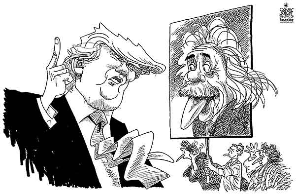 Oliver Schopf, editorial cartoons from Austria, cartoonist from Austria, Austrian illustrations, illustrator from Austria, editorial cartoon politics politician International, Cartoon Arts International, New York Times Syndicate, 2017: TRUMP SCIENCE MARCH SCIENTISTS PROTEST DEMO ALBERT EINSTEIN TONGUE          

